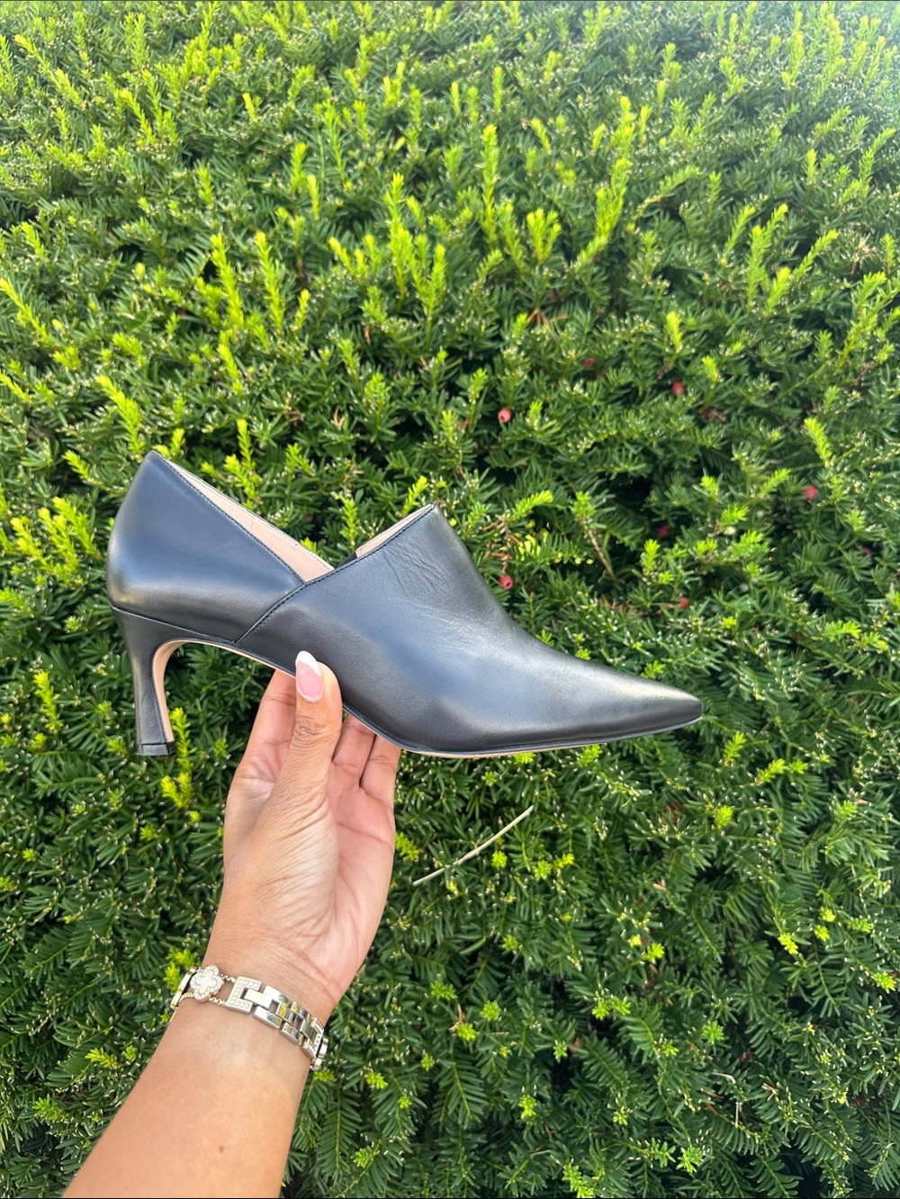 27 EDIT Black Pointed-Toe Leather Mid Kitten Heel Pumps